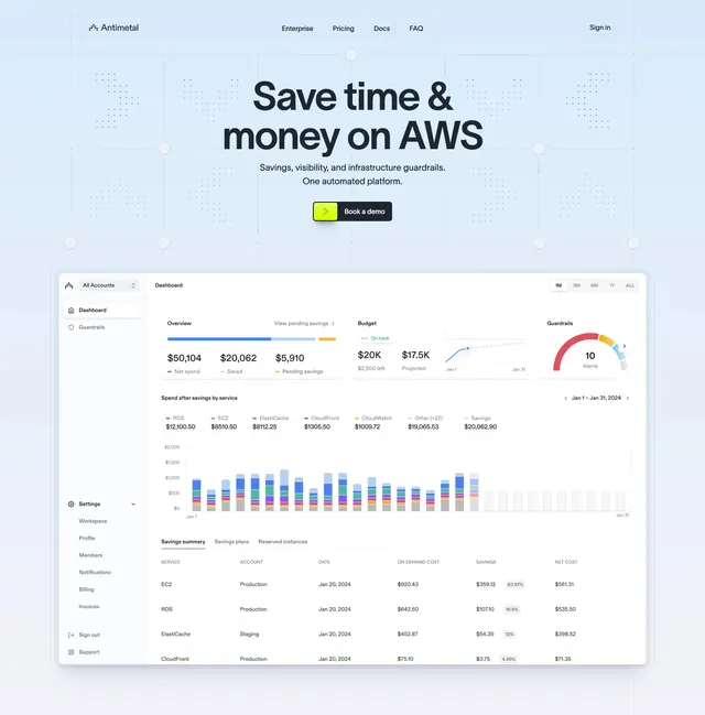 Antimetal AWS savings hero with dashboard, minimal, light-mode, light