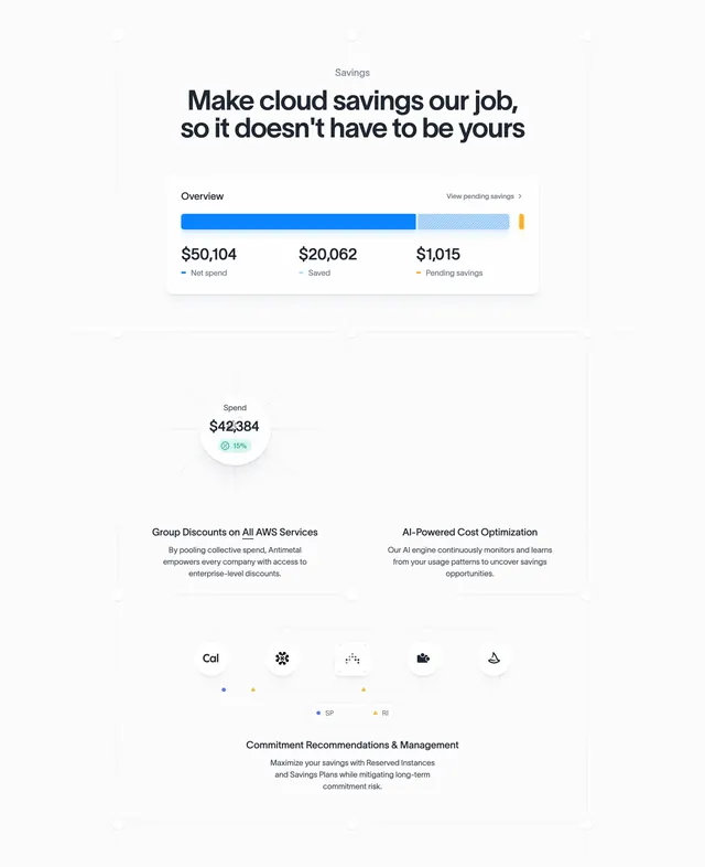 Antimetal cloud savings feature section, minimal, light-mode, light