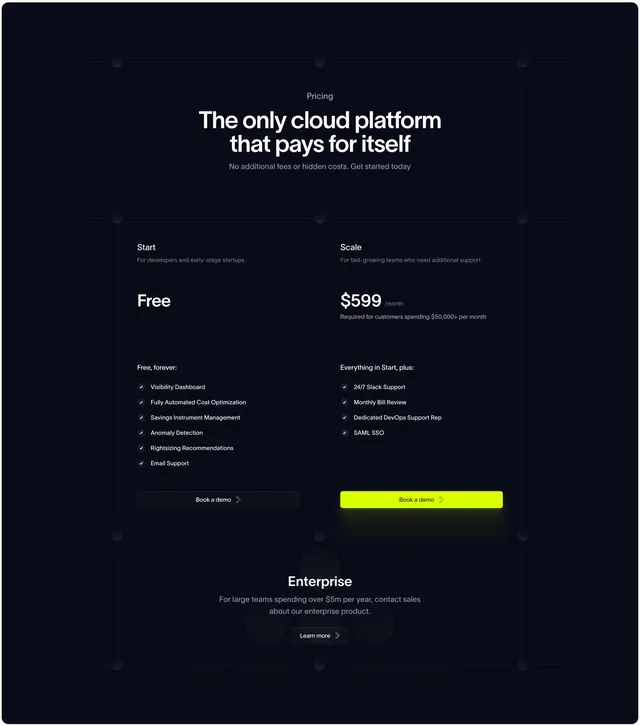 Antimetal dark two-tier pricing with enterprise band, dark-mode, minimal, dark
