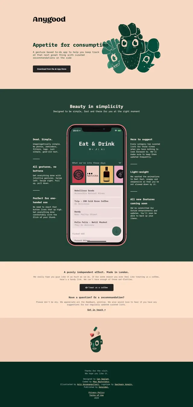 Anygood App Landing Page, minimal, editorial, high-contrast