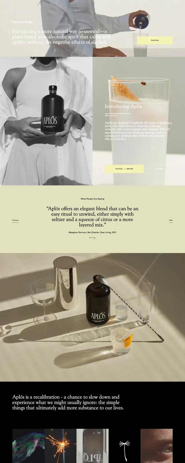 Aplos Non-Alcoholic Spirit Landing Page, editorial, minimal, muted