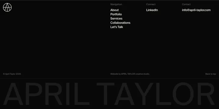 April Taylor dark footer with wordmark, minimal, dark-mode, dark