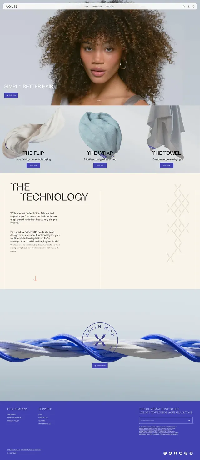 Aquis Hair Care Landing Page, minimal, editorial, light