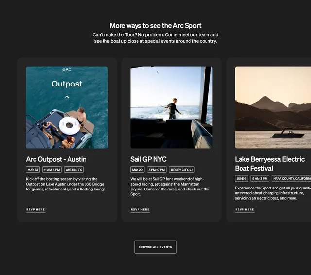 Arc Sport events card grid, minimal, dark-mode, dark