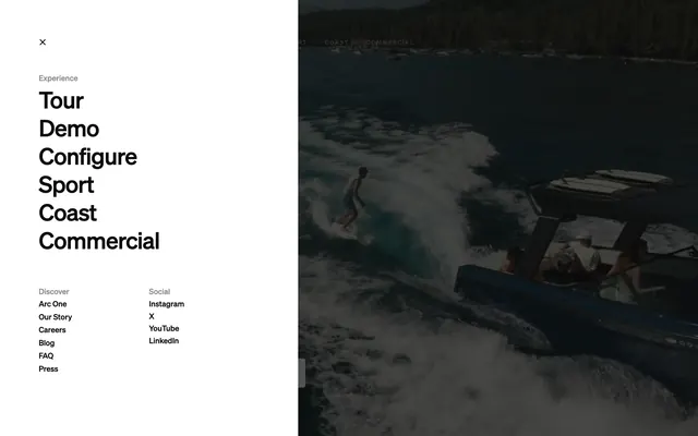 Arc split-screen mega menu, minimal, light-mode, light