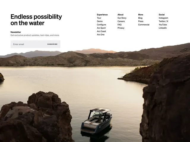 Arc footer with landscape photo, minimal, light-mode, light