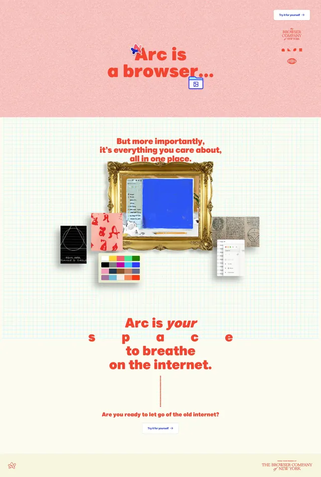Arc Browser Landing Page, playful, editorial, light