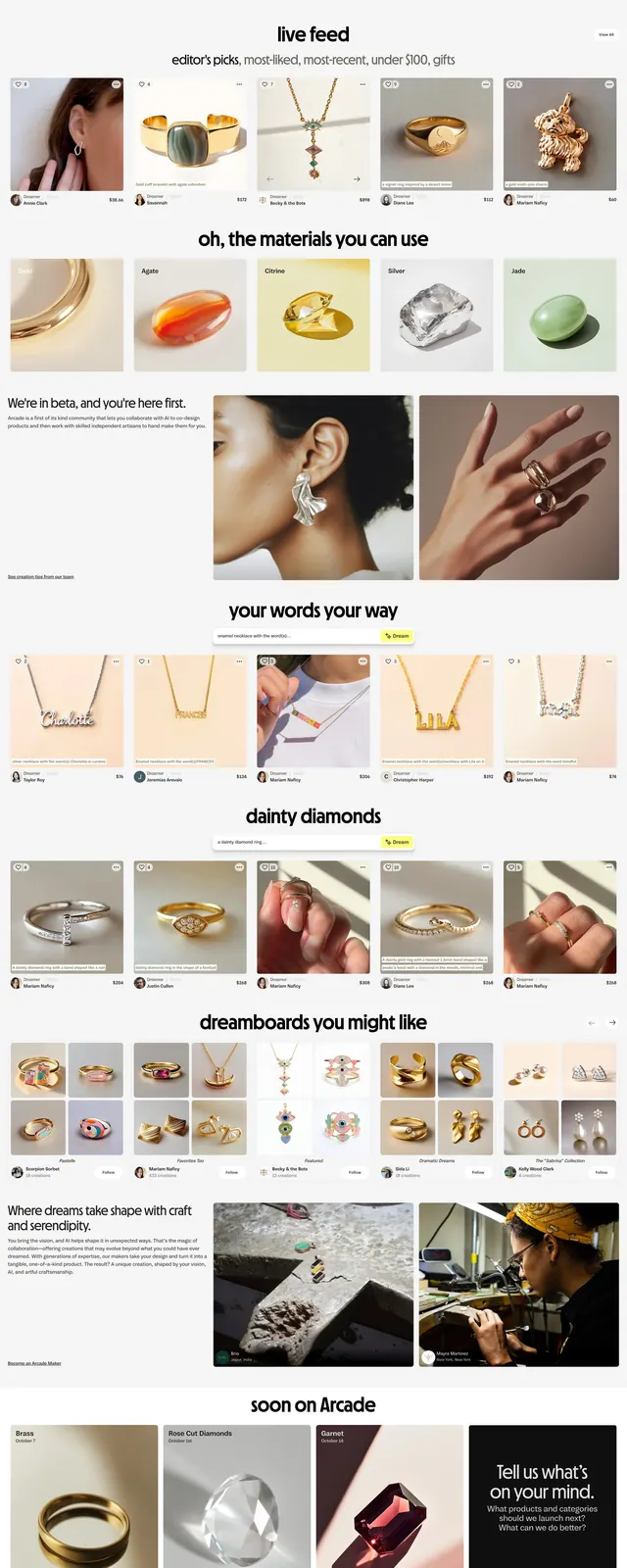 Arcade AI Jewelry Marketplace, editorial, minimal, light