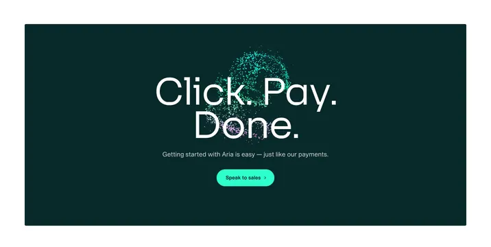 Aria particle-burst CTA panel, dark-mode, minimal, dark