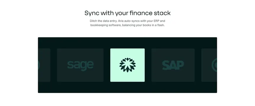 Aria finance-stack integrations carousel, light-mode, minimal, light