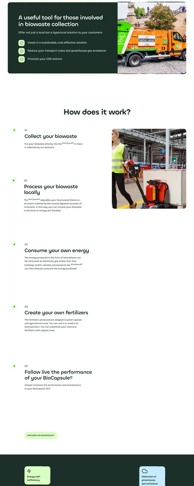 Arkeale BioCapsule Landing Page, corporate-clean, photographic, light