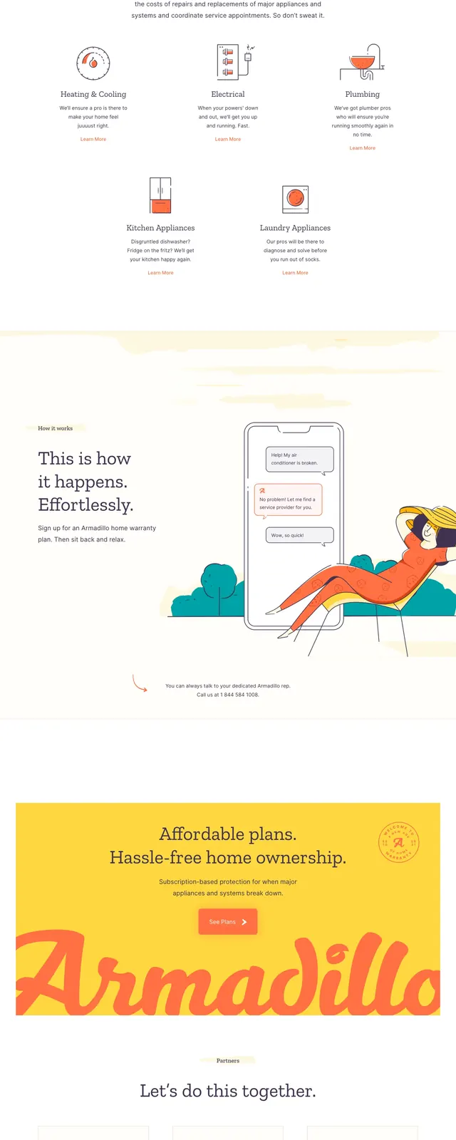 Armadillo Home Warranty Landing Page, playful, illustrated, light