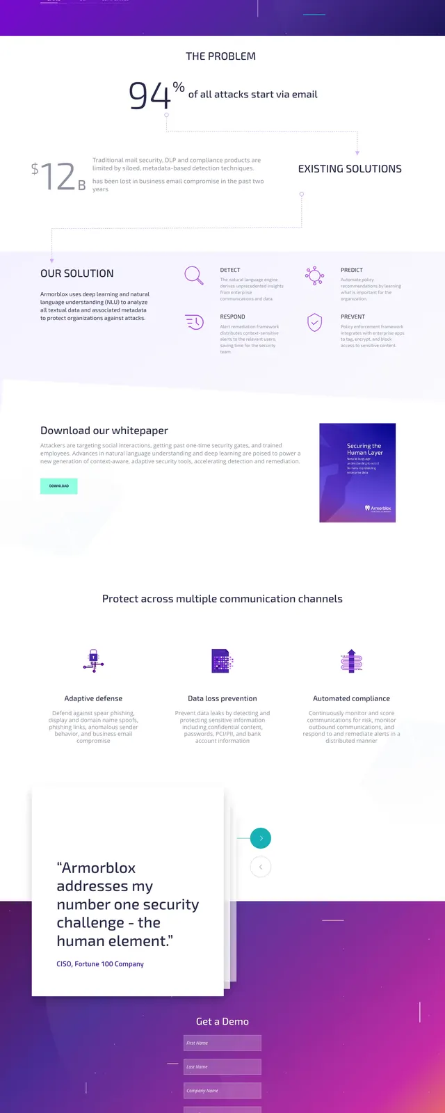 Armorblox Cybersecurity Landing Page, dark-mode, technical, dark