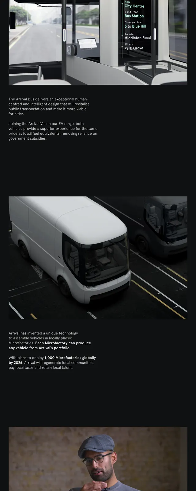 Arrival Electric Vehicle Landing Page, dark-mode, minimal, dark
