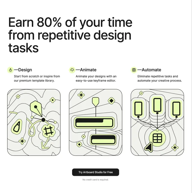 Artboard design animate automate features, minimal, light-mode, light