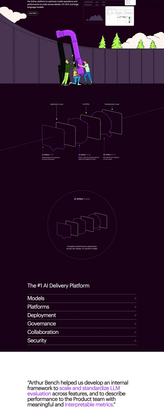 Arthur AI Landing Page, dark-mode, playful, dark