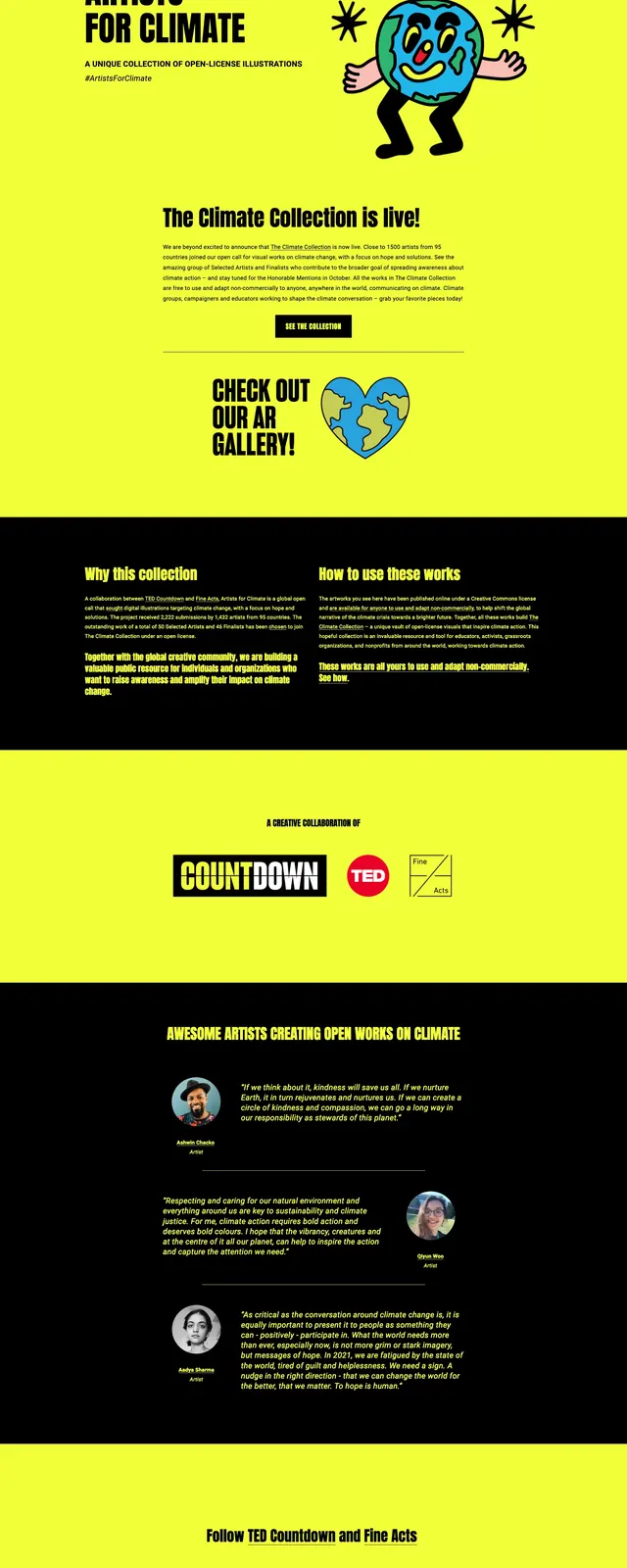 Artists for Climate Landing Page, neo-brutalist, playful, vibrant