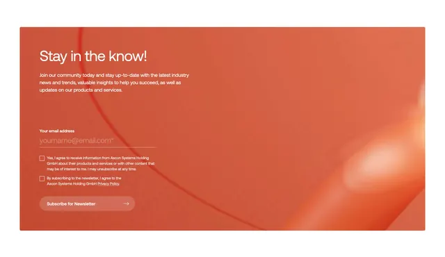Ascon newsletter signup section, minimal, gradient-heavy, warm