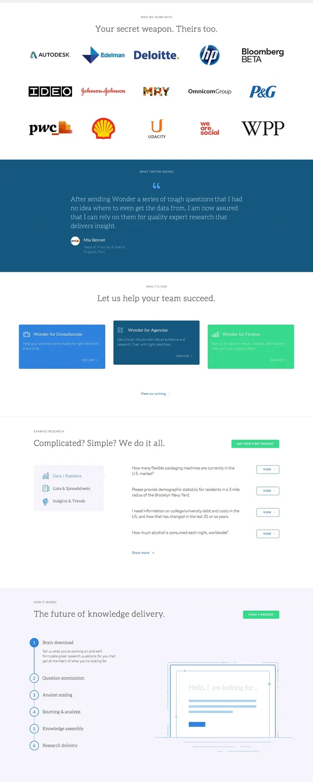 Askwonder Research Landing Page, corporate-clean, minimal, light