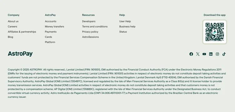AstroPay comprehensive footer, minimal, light-mode, light