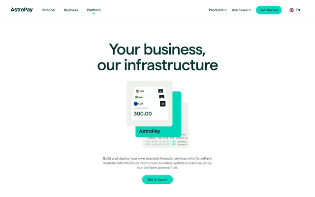 AstroPay platform infrastructure hero, minimal, light-mode, light
