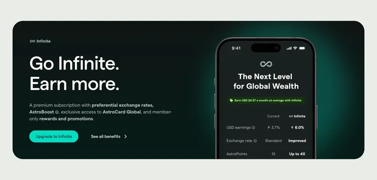 AstroPay Infinite subscription pitch, minimal, dark-mode, dark