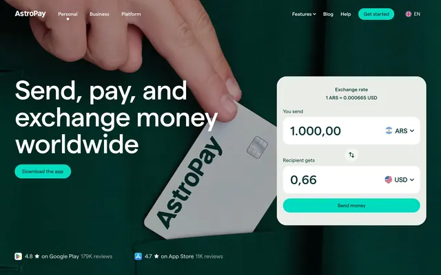 AstroPay value proposition hero with exchange widget, dark-mode, minimal, dark