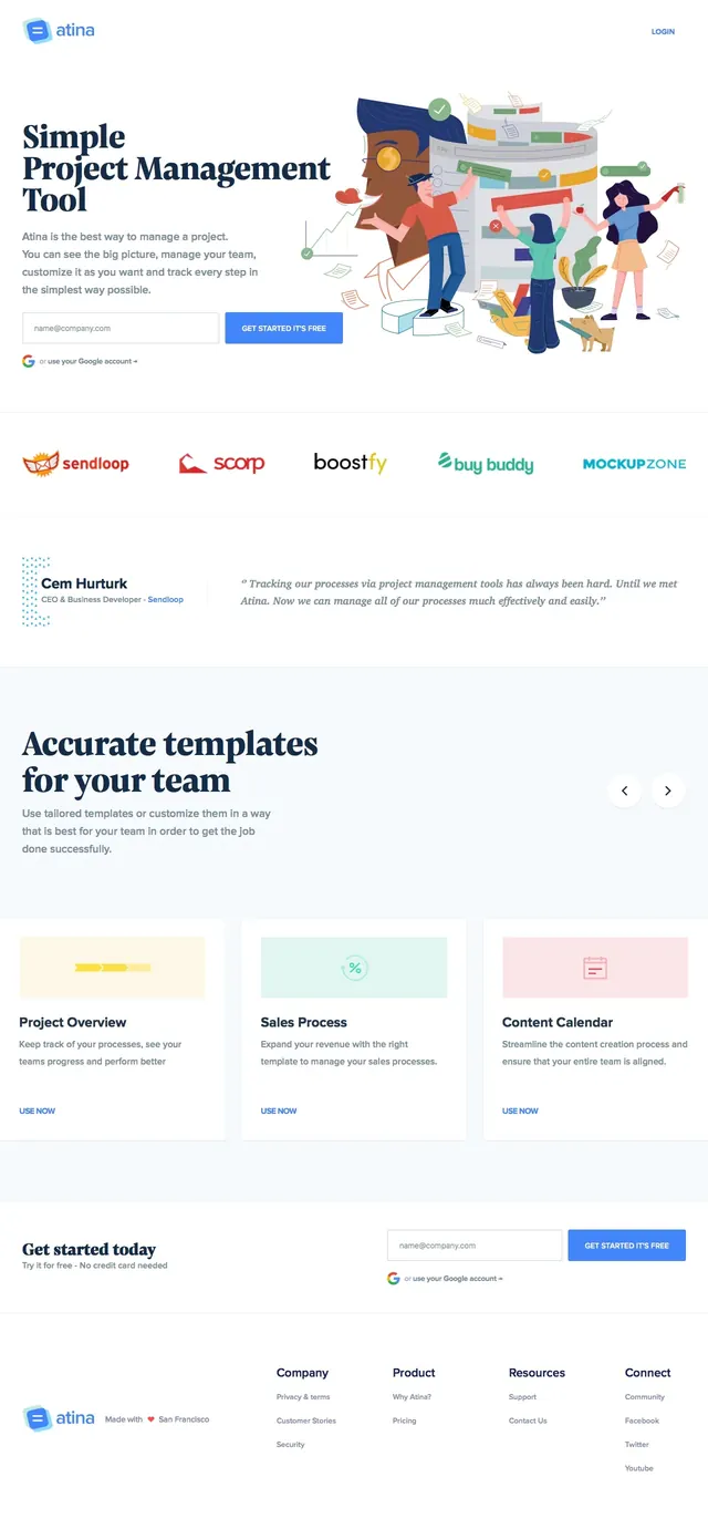 Atina Project Management Landing Page, corporate-clean, illustrated, light