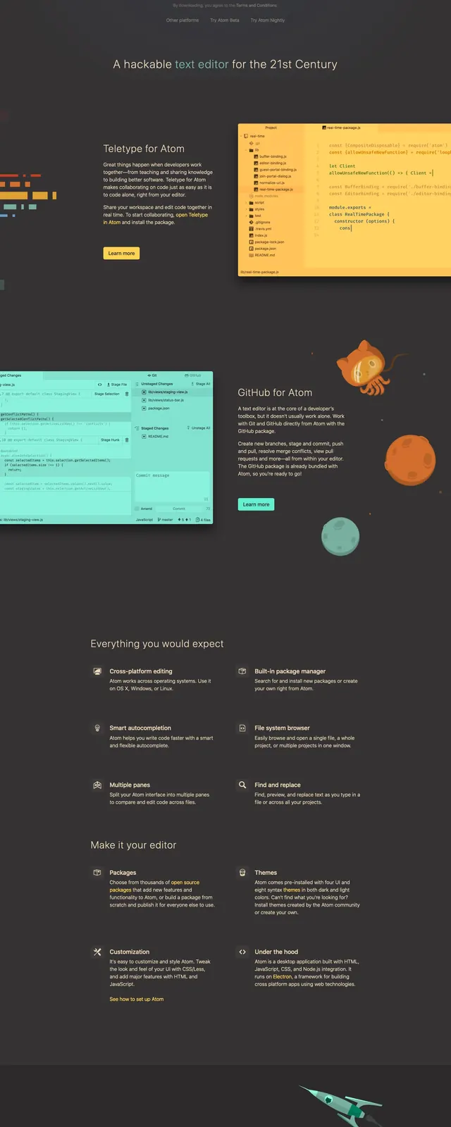 Atom Text Editor Landing Page, corporate-clean, technical, dark