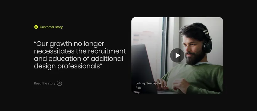 Atomic customer story split with video, dark-mode, minimal, dark