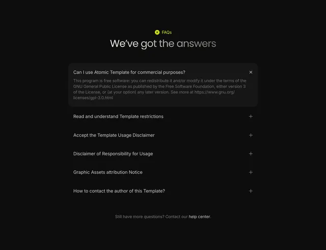 Atomic centered FAQ accordion, dark-mode, minimal, dark