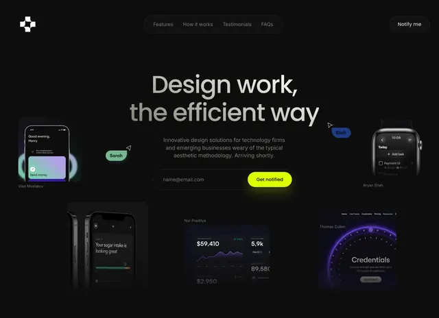 Atomic hero with floating UI mockups, dark-mode, minimal, dark