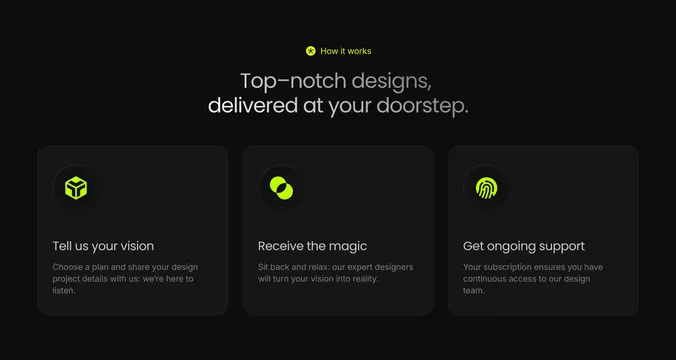 Atomic three-step how-it-works cards, dark-mode, minimal, dark