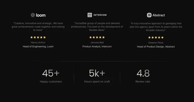 Atomic testimonials with metrics row, dark-mode, minimal, dark
