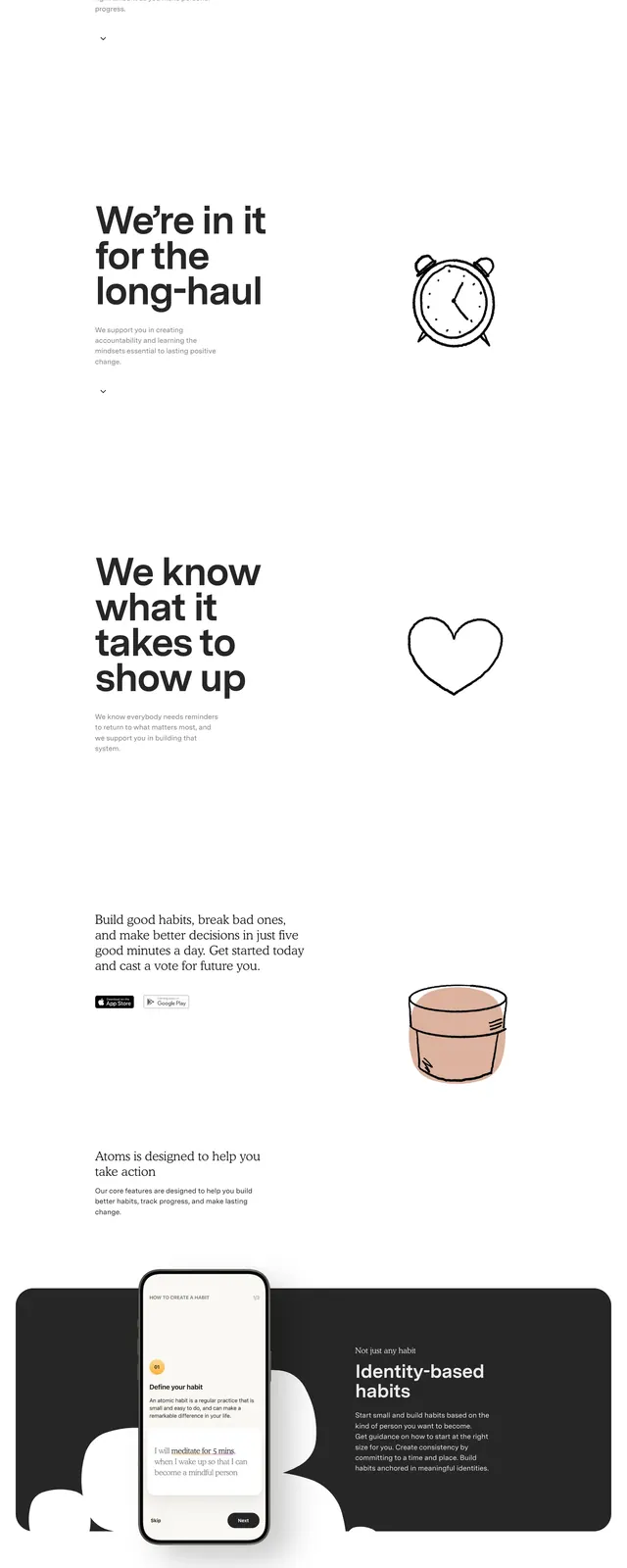 Atoms App Landing Page, minimal, editorial, high-contrast