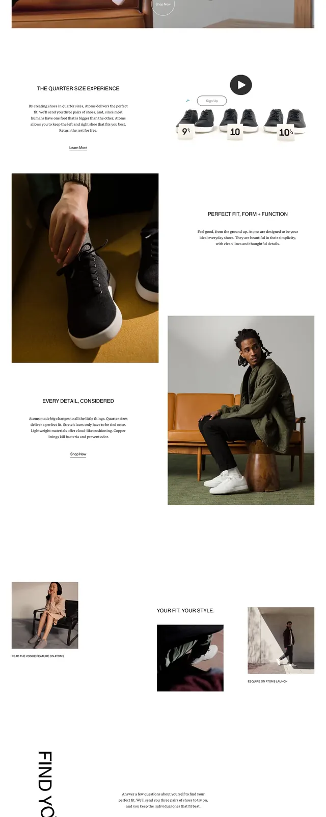 Atoms Minimalist Footwear Landing Page, minimal, editorial, light