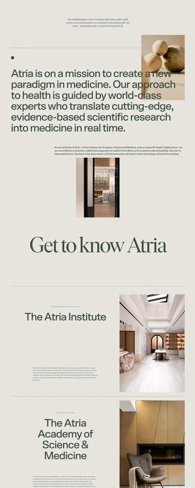 Atria Medical Research Landing Page, minimal, editorial, muted