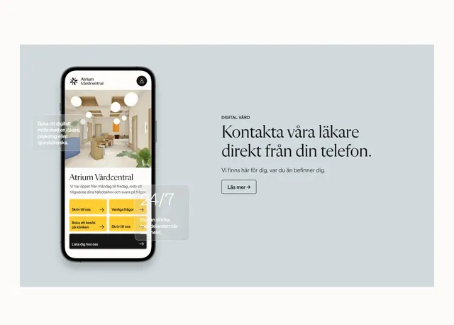 Atrium digital care phone mockup CTA, minimal, corporate-clean, light