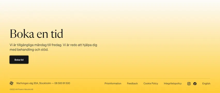 Atrium footer with booking CTA, minimal, editorial, light