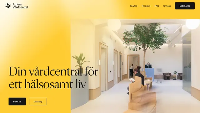 Atrium split yellow hero with clinic photo, minimal, editorial, light