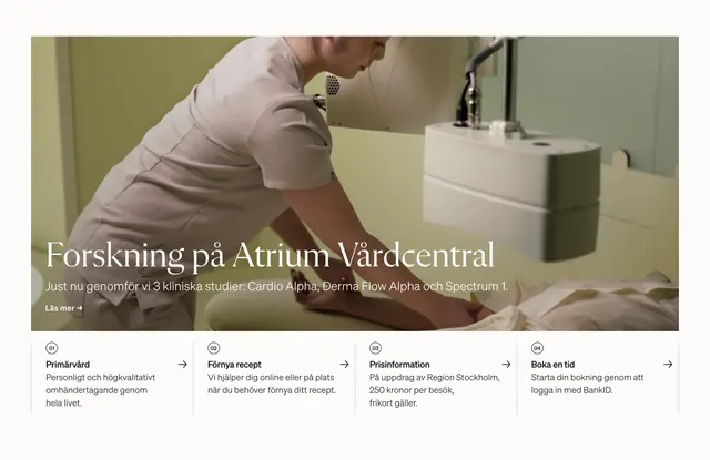 Atrium research hero with four service columns, minimal, editorial, light