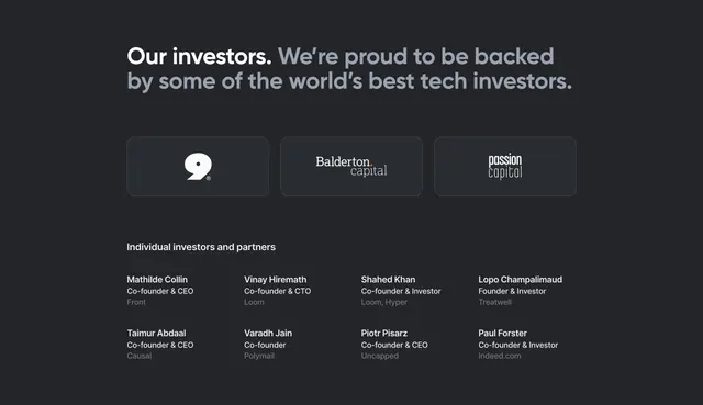 Attio investors and backers grid, dark-mode, minimal, dark