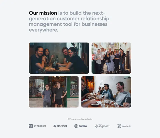Attio mission with team photos and logos, minimal, corporate-clean, light
