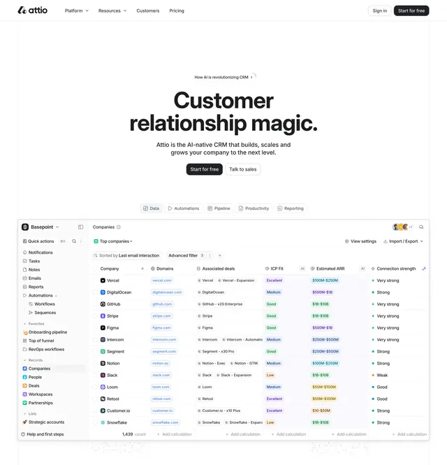 Attio centered hero over CRM table, light-mode, minimal, light