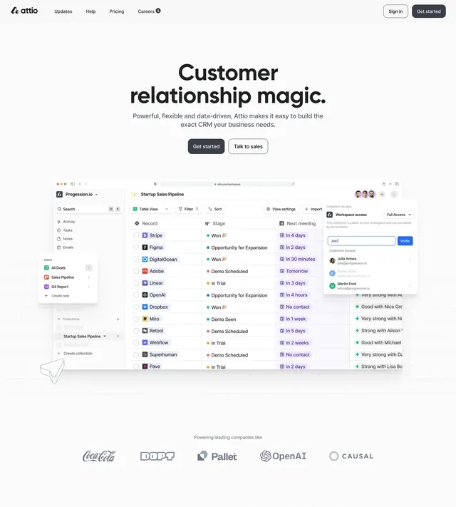 Attio CRM hero with pipeline screenshot, minimal, corporate-clean, light