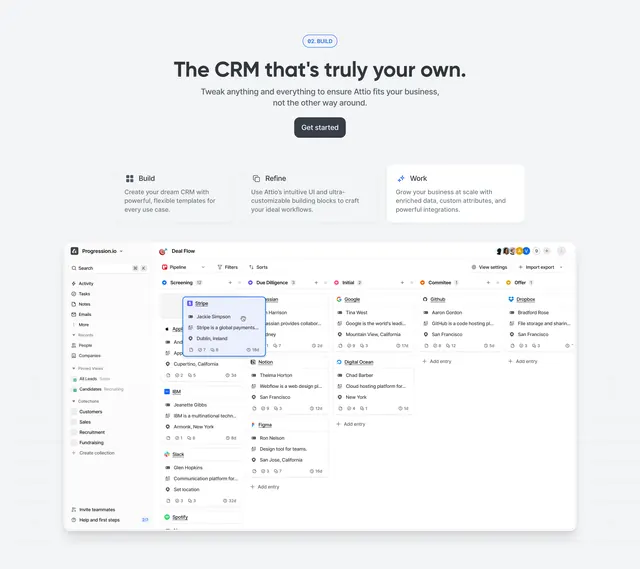 Attio Build feature with kanban screenshot, minimal, corporate-clean, light