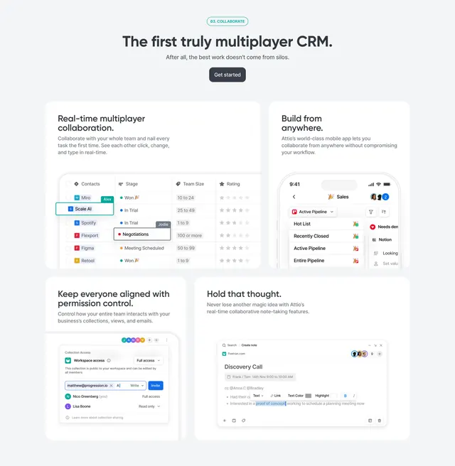 Attio Collaborate bento feature grid, minimal, corporate-clean, light