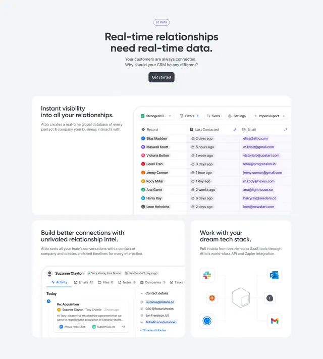Attio Data bento with table and integrations, minimal, corporate-clean, light