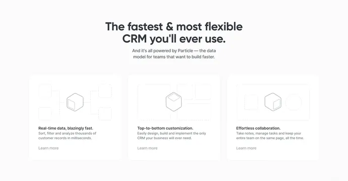 Attio three-pillar features with wireframe icons, minimal, corporate-clean, light