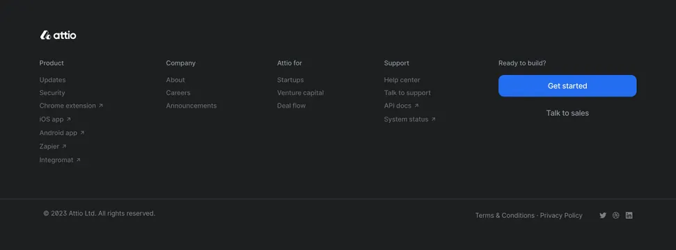 Attio dark multi-column footer with CTA, dark-mode, minimal, dark